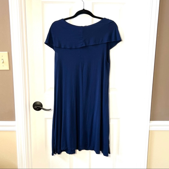 ⭐️ Soft Surroundings Navy Blue Cowl Neck Tunic Sleeveless Pockets  Casual Dress - Picture 4 of 8
